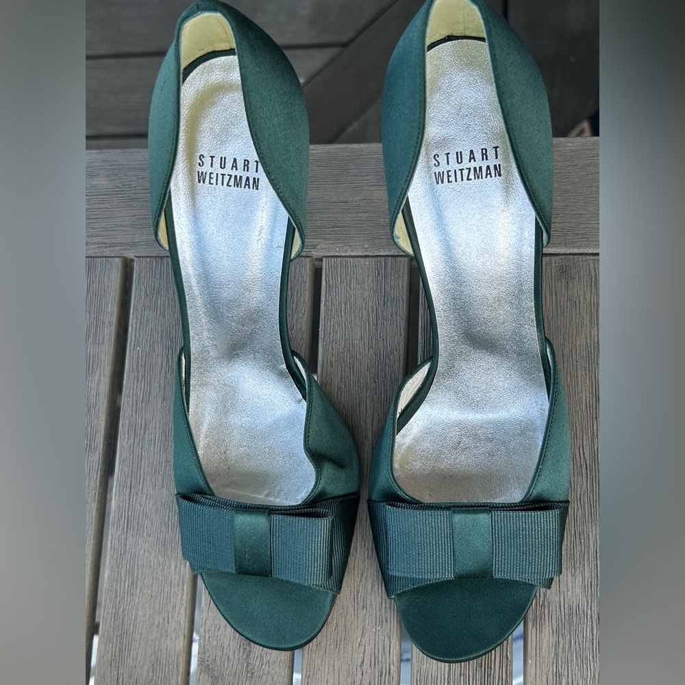 Stuart Weitzman Green Satin Peep Toe Heels